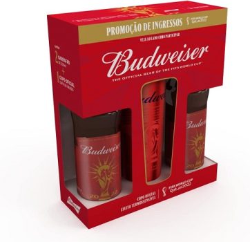 Kit Budweiser Copa do Mundo 2 LN 330ml + Copo Mágico Vermelho 650ml