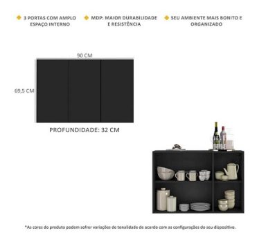 Aparador Buffet 3 Portas Veneza Multimóveis Mp1007 Preto