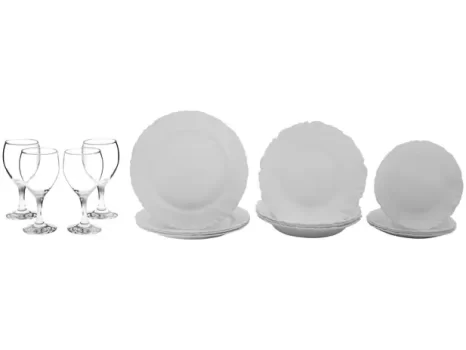 Aparelho de Jantar com Taça 16 Peças Duralex – Redondo Branco Pétala