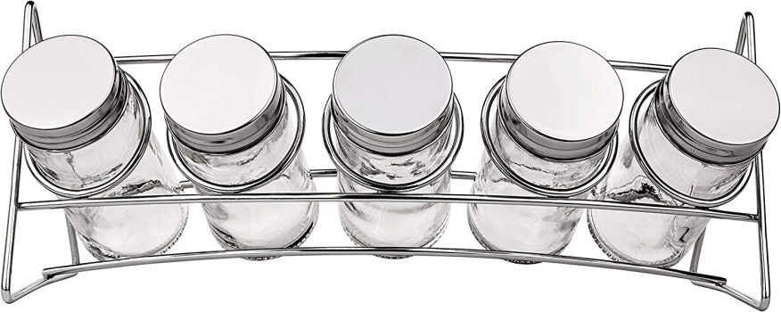 Porta Condimentos de Vidro redondo Transparente com Suporte 5 peças, VDR0412, Euro Home
