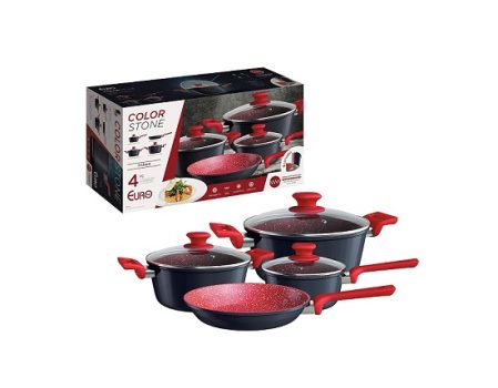 Conjunto de panelas ColorStone 4 peças de alumínio com antiaderente e tampa de vidro, Titânio, ALU8709-TI, Euro Home