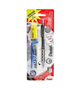 Lapiseira P360 0.5 Mm Gratis Borracha + Grafites, Pentel, Preta, Pacote De 1