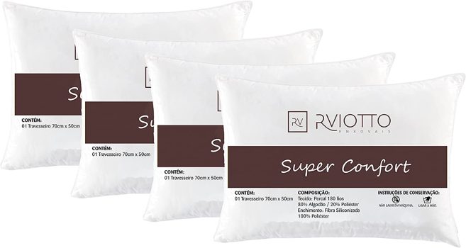 Kit Com 04 Travesseiro Percal 180 Fios Algodão Extra Macio Fibra Siliconada