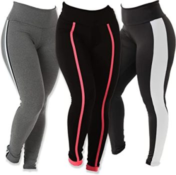 Kit 3 Calças Leggings Diversas Suplex – bicolor preta branca/kaya preta rosa/listras cinza