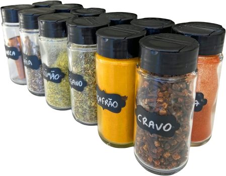 Kit 12 Potes de Temperos Condimentos de Vidro + Etiquetas Lousa