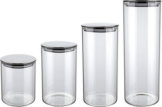 Conjunto com 4 Potes de Vidro transparente Slim com tampa Inox, VDR6866-4, Euro Home