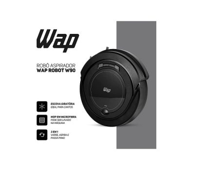 Aspirador de Pó Robô WAP ROBOT W90 Automático 3 em 1 Varre Aspira Passa Pano MOP para Limpeza 30W Bateria Recarregável Bivolt, Cor: Preto