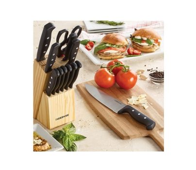 Conjunto de 22 peças de facas e utensílios de cozinha Farberware de aço inoxidável de alto carbono, preto
