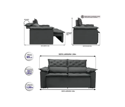 Sofá Retrátil e Reclinável Cama inBox Compact 1,50m Tecido Suede Velusoft Cinza