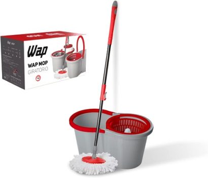 WAP MOP GIRATÓRIO Esfregão Multiuso para Limpeza Balde Centrífuga 14 Litros 360° Cabo Ajustável Alça Rodas e Refil, Vermelho com Cinza