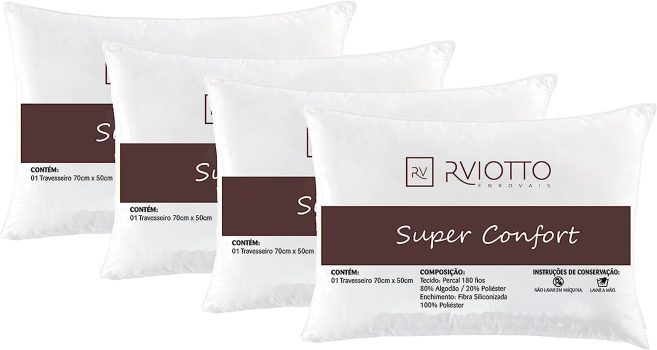 Kit Com 04 Travesseiro Percal 180 Fios Algodão Extra Macio Fibra Siliconada