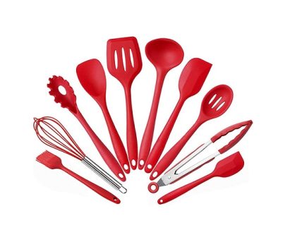 JG STORE Kit 10 Peças Jogo De Utensílios De Silicone Maciço Cozinha Inox Pegador Espátula Colher Concha Pincel (Vermelho) Marca: JG