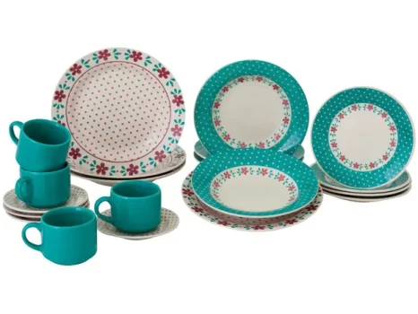 Aparelho de Jantar e Chá 20 Peças Biona de Cerâmica Redondo Branco e Azul Claro Donna