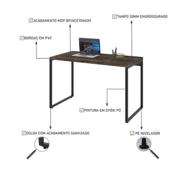 Mesa para Escritório Office Estilo Industrial 1,20m, Compace, Kuadra, Carvalho Dark/Est.Preta
