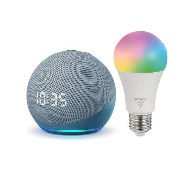 Echo Dot (4ª geração) | Smart Speaker com Relógio e Alexa | Cor Azul + Lâmpada Smarteck 12W
