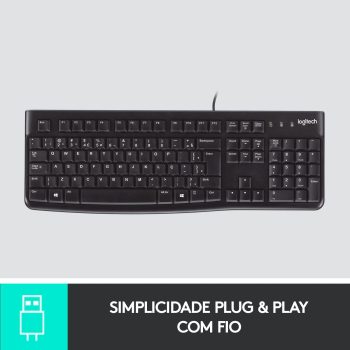 Teclado com fio USB Logitech K120, Resistente à Respingos, Barra de Espaço Curva, Compatível com PC e Notebook, Layout ABNT2