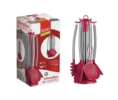 Conjunto de Gadgets de Silicone com Cabo Inox 7 Peças, Euro, SIL3390-VM, Vermelho