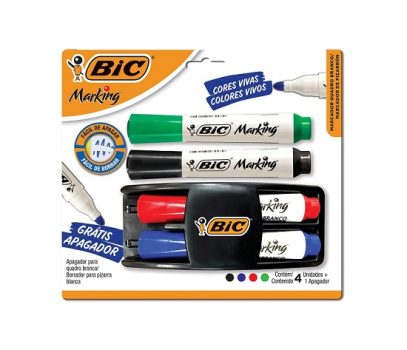 Kit 4 Marcadores de Quadro Branco BIC Marking Cores Clássicas + 1 Apagador, Ponta Resistente, Apaga Fácil, 970929