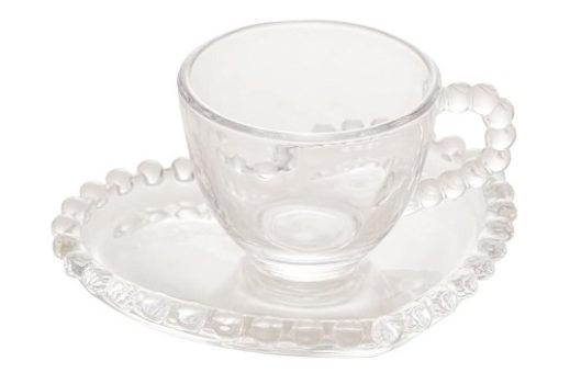 Wolff Coração Pearl Conjunto de Xícaras para Café com Pires de Cristal 4 Peças, Transparente, 85 ml