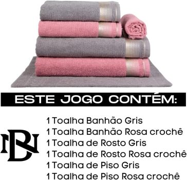 Jogo De Toalhas Gigante Super Absorção – 6 Peças Berlim 100% Algodão (Gris + Rosa Crochê)