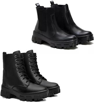 Kit 2 Botas Coturno Feminina Chelsea com Elástico na Lateral Tratorada de Couro Genuíno Preto e Coturno de Cadarço Tratorada em Couro Genuíno Preta.