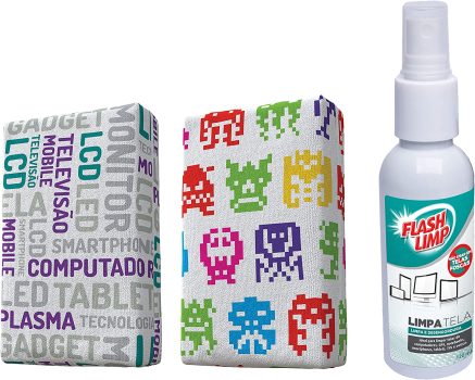 Kit com 2 Esponjas Microfibra e 1 Limpa Telas Spray 120ml, Estampas Sortidas, Flash Limp