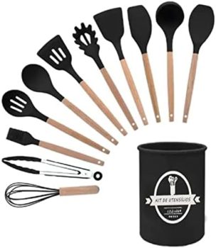 Jogo Utensílios de Cozinha em Silicone Madeira 12 Peças (Preto)