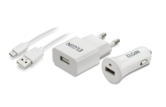 Carregador USB de Tomada + Carregador Veicular 1 Saída 1A 5W + Cabo MicroUSB de 1 Metro Elgin Branco Bivolt