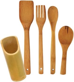 Jogo De Talheres Em Madeira Bambu Kit Conjunto 5 Peças