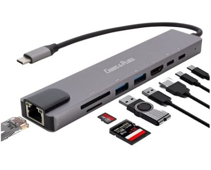 USB C Hub, Cabos & Plugs USB-C para HDMI 4k RJ45 Ethernet Carregamento PD Charger via porta USB C, 2 portas USB 3.0 e leitor de cartões SD/TF, compátivel com Macbook, tablets, celulares