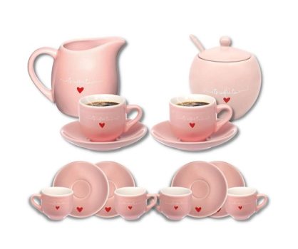 Jogo de Xicaras com Leiteira e Açucareiro Porcelana Hauskraft Lamour Rosa 14 Peças