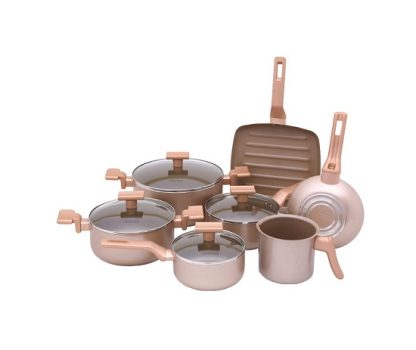 Mimo Style Conjunto 7 Panelas Sartin Cook Champanhe Estrutura em Alumínio Revestida em Cerâmica, Base Alto Relevo. Tampa Vidro Temperado Alças e Cabos Soft-Touch. Fogão a Gás, Elétrico e Vitrocerâmico