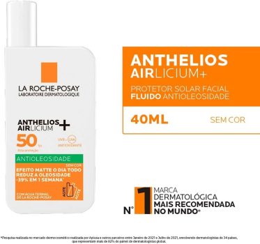 La Roche-Posay, Anthelios Airlicium, Protetor Solar Facial Antioleosidade Sem Cor, Reduz e Controla a Oleosidade, FPS50, Textura Fluida Ultra Leve, 40g