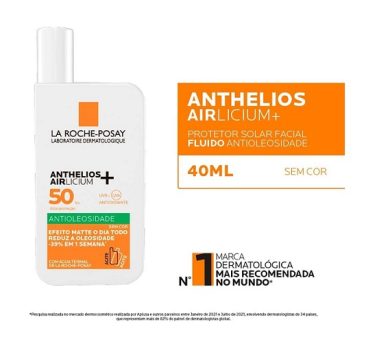 La Roche-Posay, Anthelios Airlicium, Protetor Solar Facial Antioleosidade Sem Cor, Reduz e Controla a Oleosidade, FPS50, Textura Fluida Ultra Leve, 40g