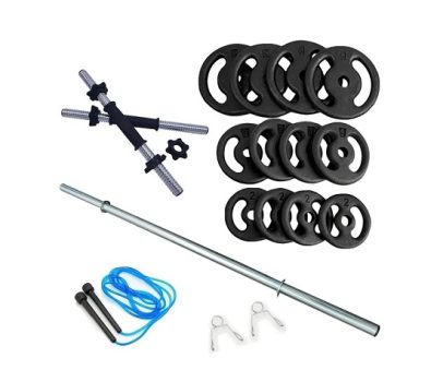 KIT FITNESS 40KG COM 3 BARRAS E CORDA