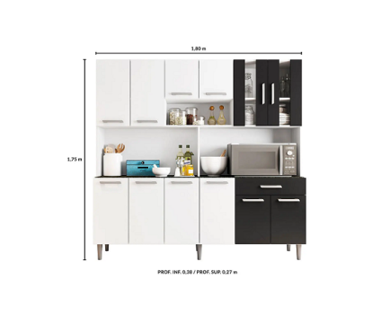 Cozinha Compacta Poliman Clara com Balcão Nicho para Micro-ondas 12 Portas 1 Gaveta