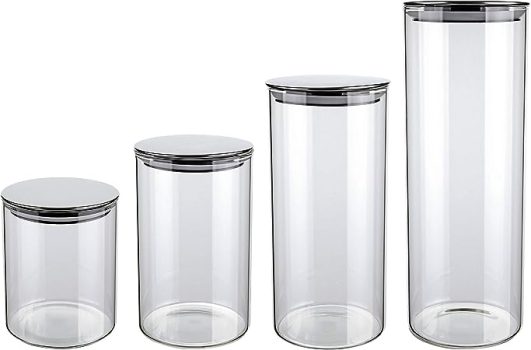 Conjunto com 4 Potes de Vidro transparente Slim com tampa Inox, VDR6866-4, Euro Home