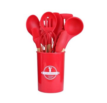 Jogo Utensílios de Cozinha em Silicone Madeira 12 Peças (Vermelho)