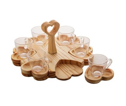 CONJUNTO 6 XÍCARAS CAFÉ COM PIRES E SUPORTE MADEIRA CORAÇÃO PINUS 65ml