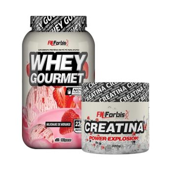 Kit Whey Protein Gourmet Pote 907g + Creatina Power Explosion Sem Sabor 300g – FN Forbis Nutrition (Milkshake de Morango)