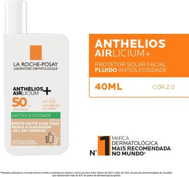 La Roche-Posay, Anthelios Airlicium, Protetor Solar Facial Antioleosidade com cor, Reduz e Controla a Oleosidade, FPS50, Textura Fluida Ultra Leve, 40g