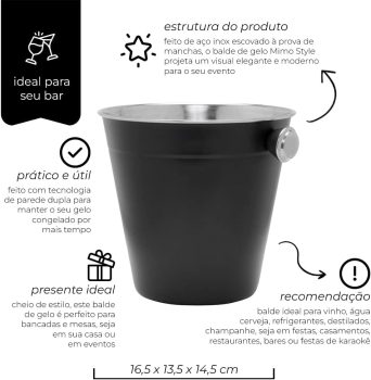 Balde de Gelo Ônix 1,2L, Feito Inteiramente de Aço Inoxidável