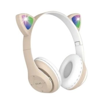 LOBOY Fone Ouvido Bluetooth Led Gatinho Infantil Gato Recarregável – (Bege)(LOBOY-GT558)