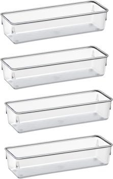 Organizador Modular Acrimet para Gavetas, Bancadas e Armários, Plástico Transparente, Pote Retangular Grande, Kit com 4 Potes, Cristal