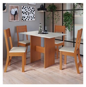 Conjunto Sala de Jantar 1 Mesa 4 Cadeiras Viena Indekes Freijó/off/linho