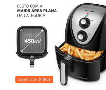 Fritadeira Elétrica sem Óleo/Air Fryer Mondial – Grand Family Inox AFN-50-BI Preto 5L com Timer