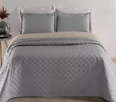 Cobre Leito Casal Queen 3 Pçs – Colcha Dupla Face Com Vies Cor Cinza