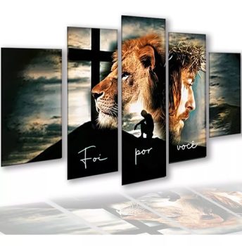 Quadro Decorativo Frases Leão Jesus Foi Por Você Sala 5 Pçs