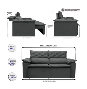 Sofá Retrátil e Reclinável Cama inBox Compact 1,50m Tecido Suede Velusoft Cinza