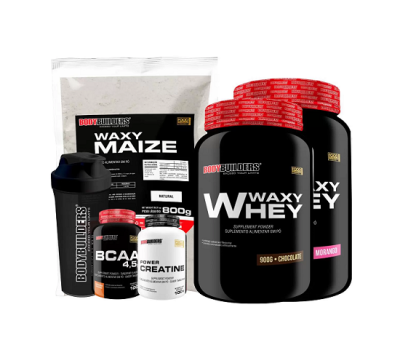 KIT 2x Whey Protein Waxy Whey 900g + BCAA 4,5 100g + POWER Creatina 100g + Waxy Maize 800g + Coqueteleira – Bodybuilders